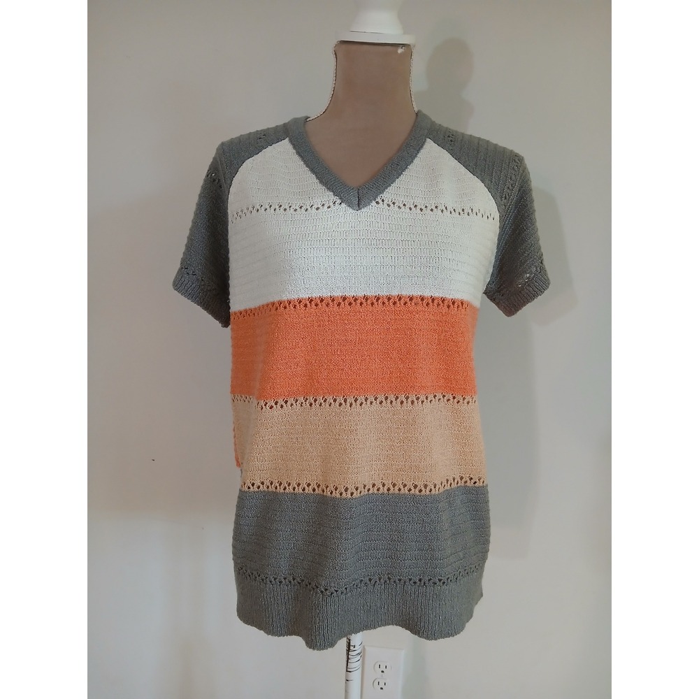 Colorblock Pointelle Knit V-Neck Short Sleeve Sweater Grey Orange White Large